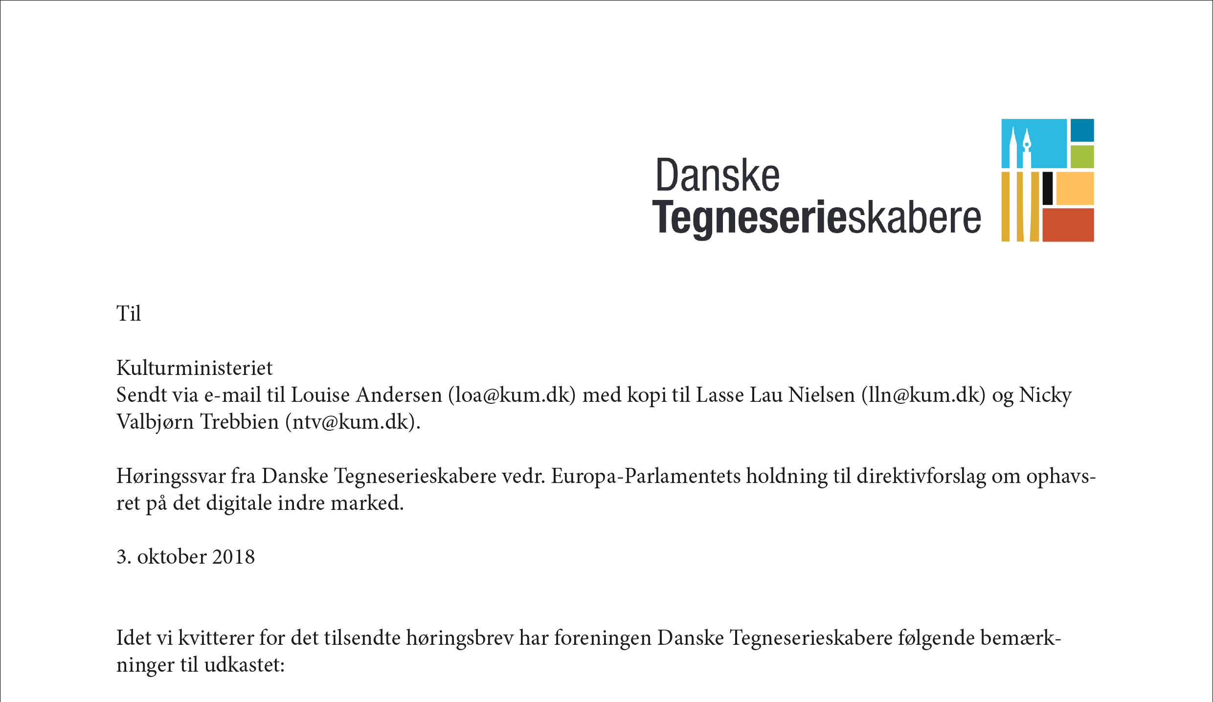 vedr. ophavsret digitale indre marked Danske Tegneserieskabere